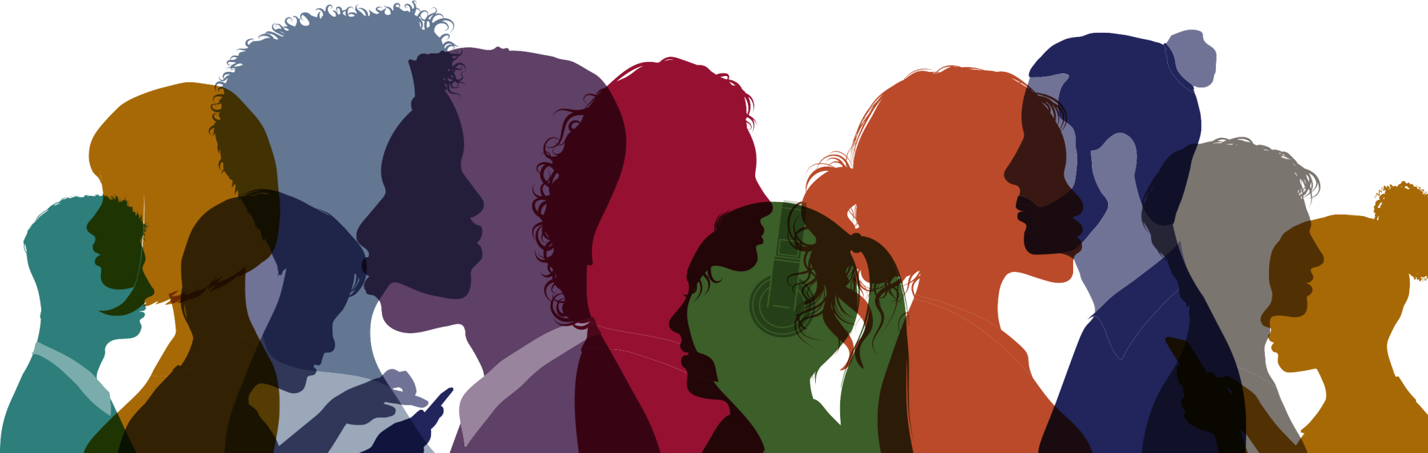 Multi coloured graphic depicting silhouettes of human heads